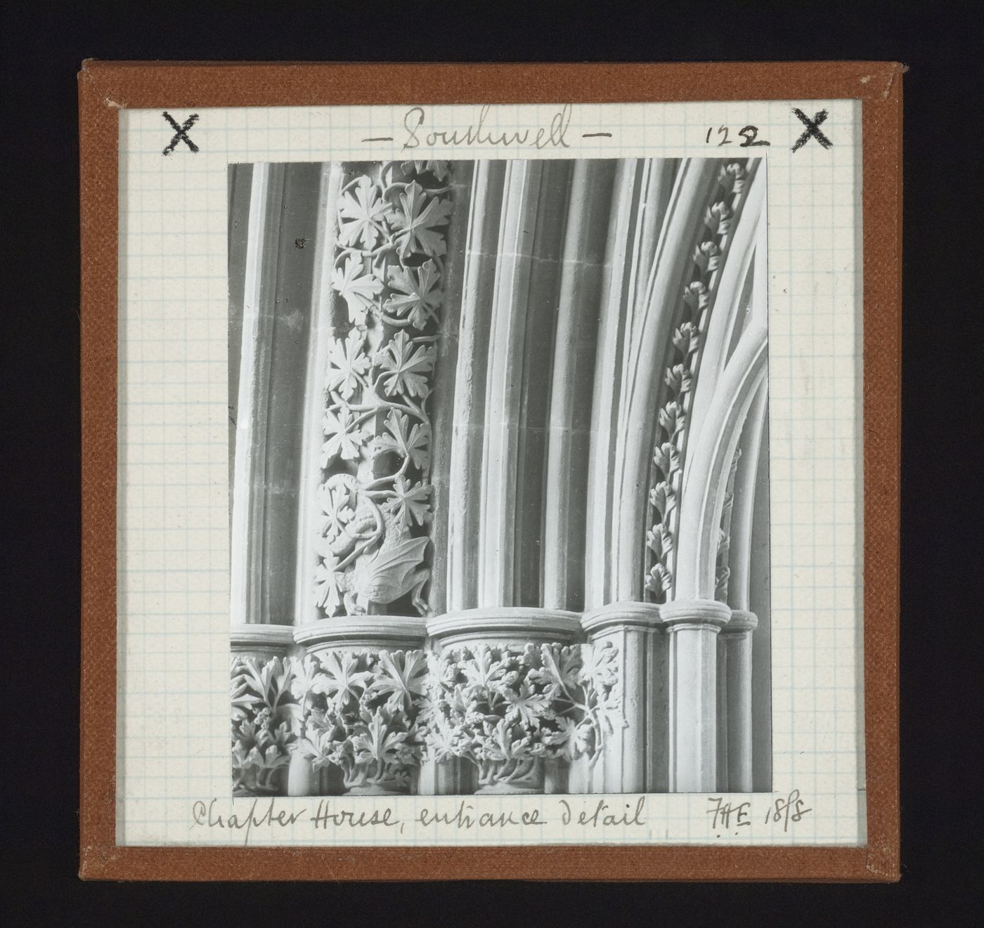 Detail view of capitals and archivolt of entrance of Chapter House, Southwell Minster, Southwell, Nottinghamshire, England