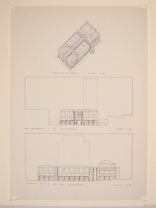 Avenue McGill College, Cadillac Fairview, Montréal - axonometric / Ste.Catherine's St. elevation / Avenue McGill College elevation