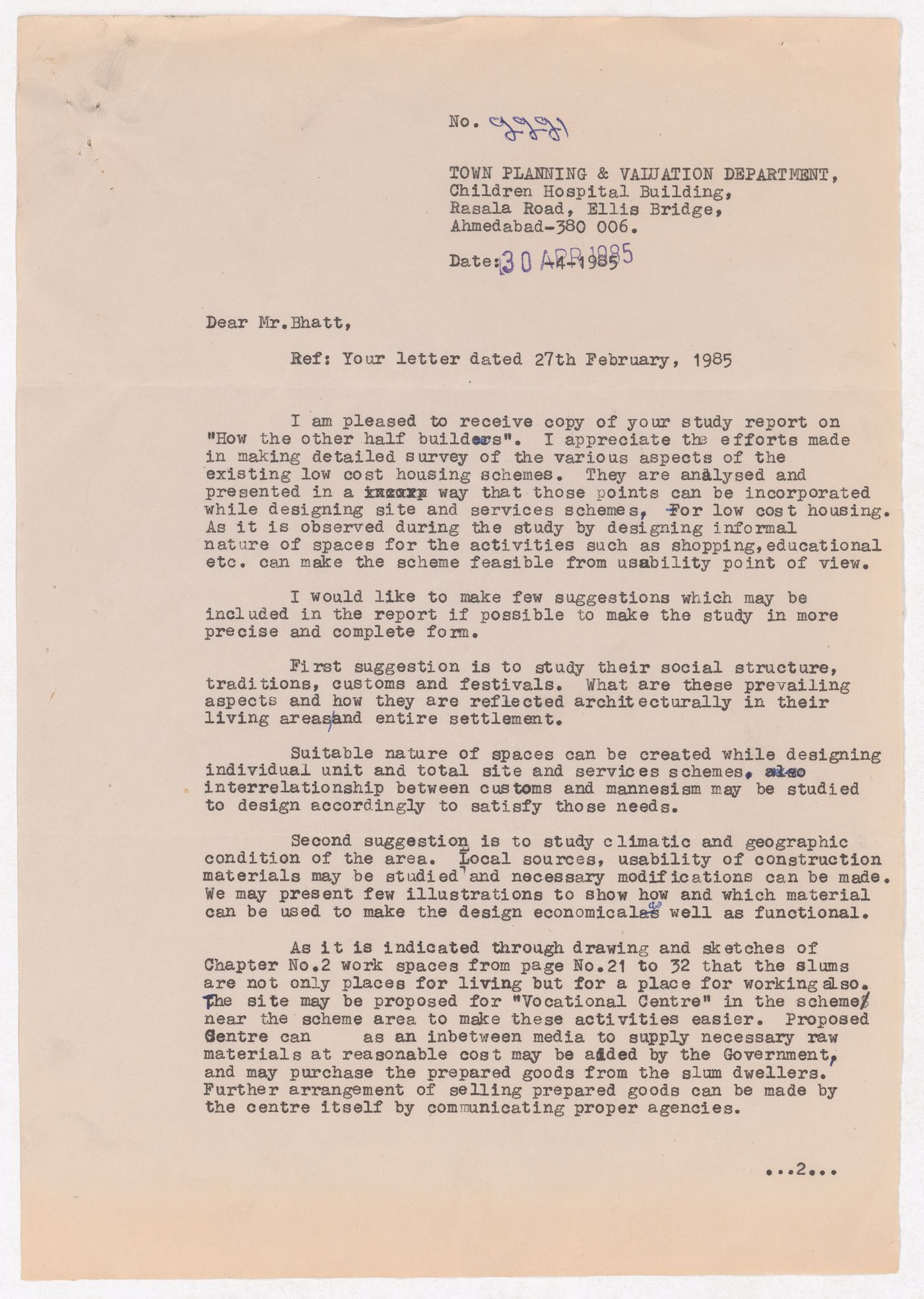 Letter of D.G. Pandya to Vikram Bhatt about the publication "How the Other Half Builds"