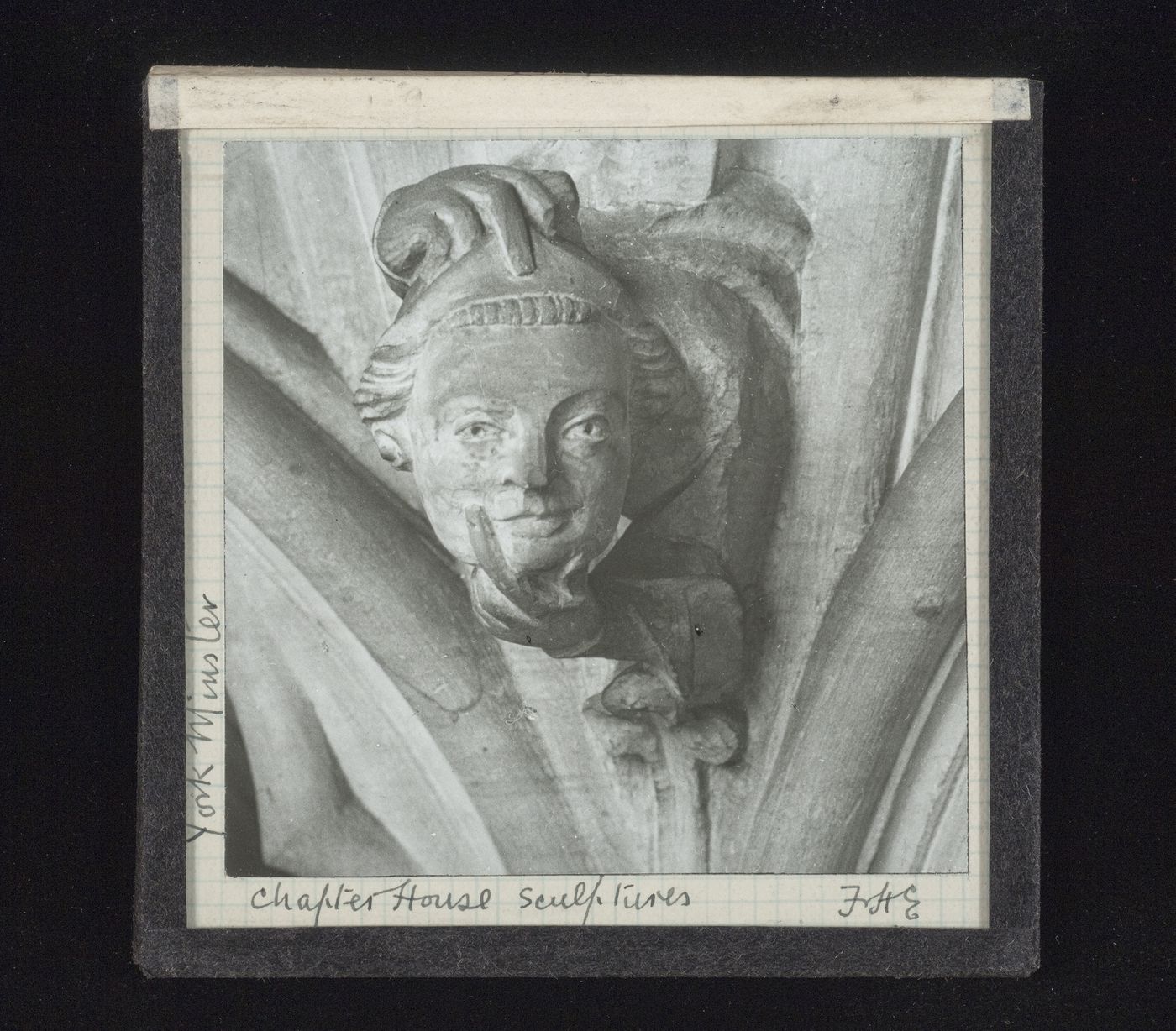 View of sculpture of head and hands in Chapter House of York Minster, York, North Yorkshire, England