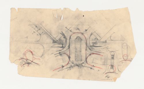 Los Angeles Municipal Airport: Partial plan for airport showing circulation pattern around the terminal building, with sketches for alternate designs
