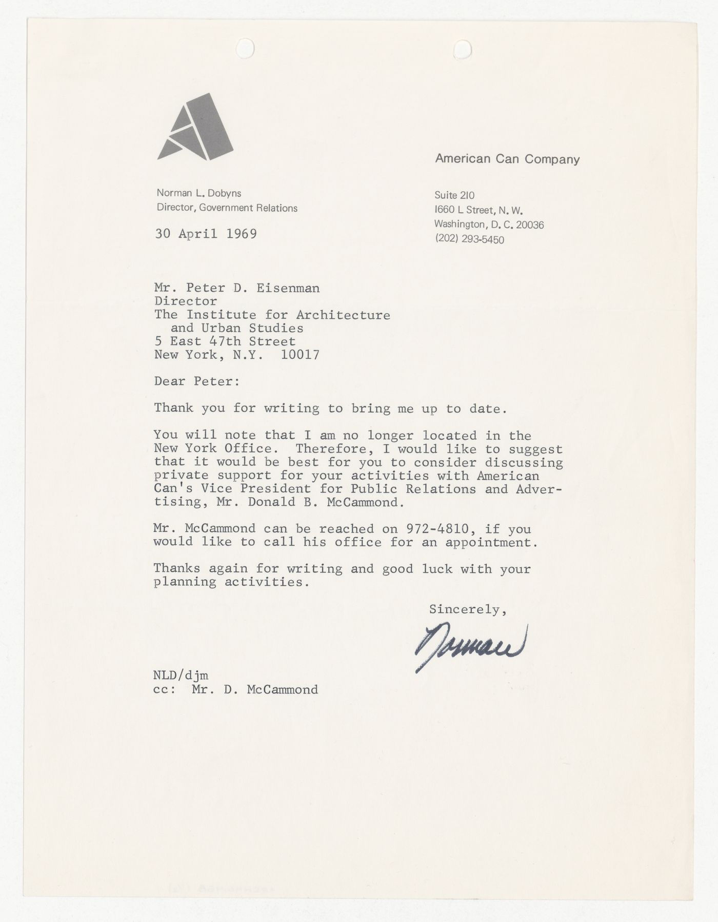Letter from Norman L. Dobyns to Peter D. Eisenman responding to a donation request made by Eisenman with attached copy of original letter