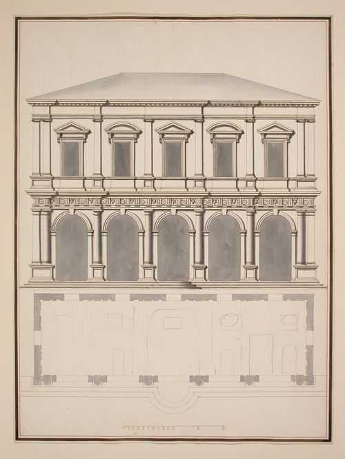 Elevation of the facade, and plan of the Palazzo Giustinian, Padua