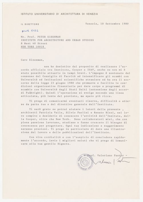 Letter in Italian from Valeriano Pastor to Peter D. Eisenman