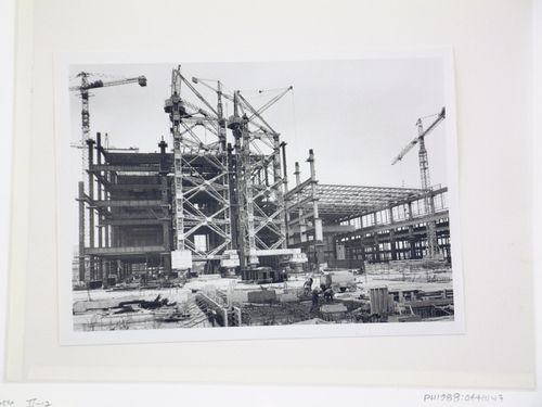 View of cranes and construction of steel structure for power station, from exterior, United Kingdom