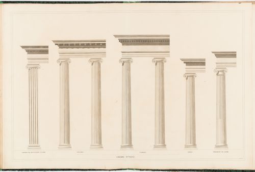 Elevations of Ionic columns and entablatures after Palladio, Vignola, Serlio, Delorme, and from the Terme di Diocleziano, Rome