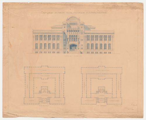 Student presentation drawing showing ground and first floor plans and principal elevation for a museum of modern industrial art for the Academie voor Beeldende Kunsten en Technische Wetenschappen, Rotterdam, Netherlands