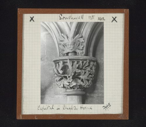 View of capital and sculpture of man's head with leaf carving on abacus in Chapter House, Southwell Minster, Southwell, Nottinghamshire, England