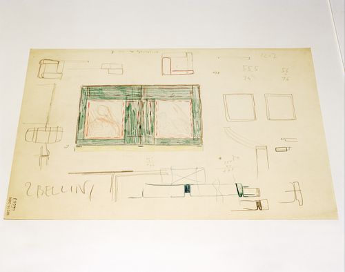 Questioning Pictures: Photograph of elevation and sketches for the frame of the Madonna with the Child by Giovanni Bellini on the second floor of the Castelvecchio Museum by Carlo Scarpa