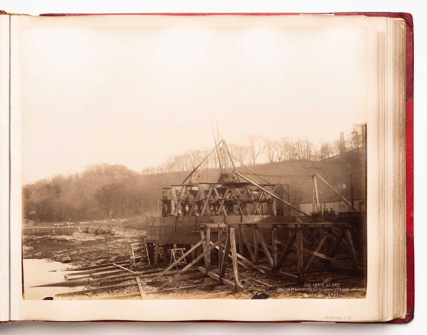 View of a building site for the construction of the Forth Bridge, Firth of Forth, Scotland, United Kingdom