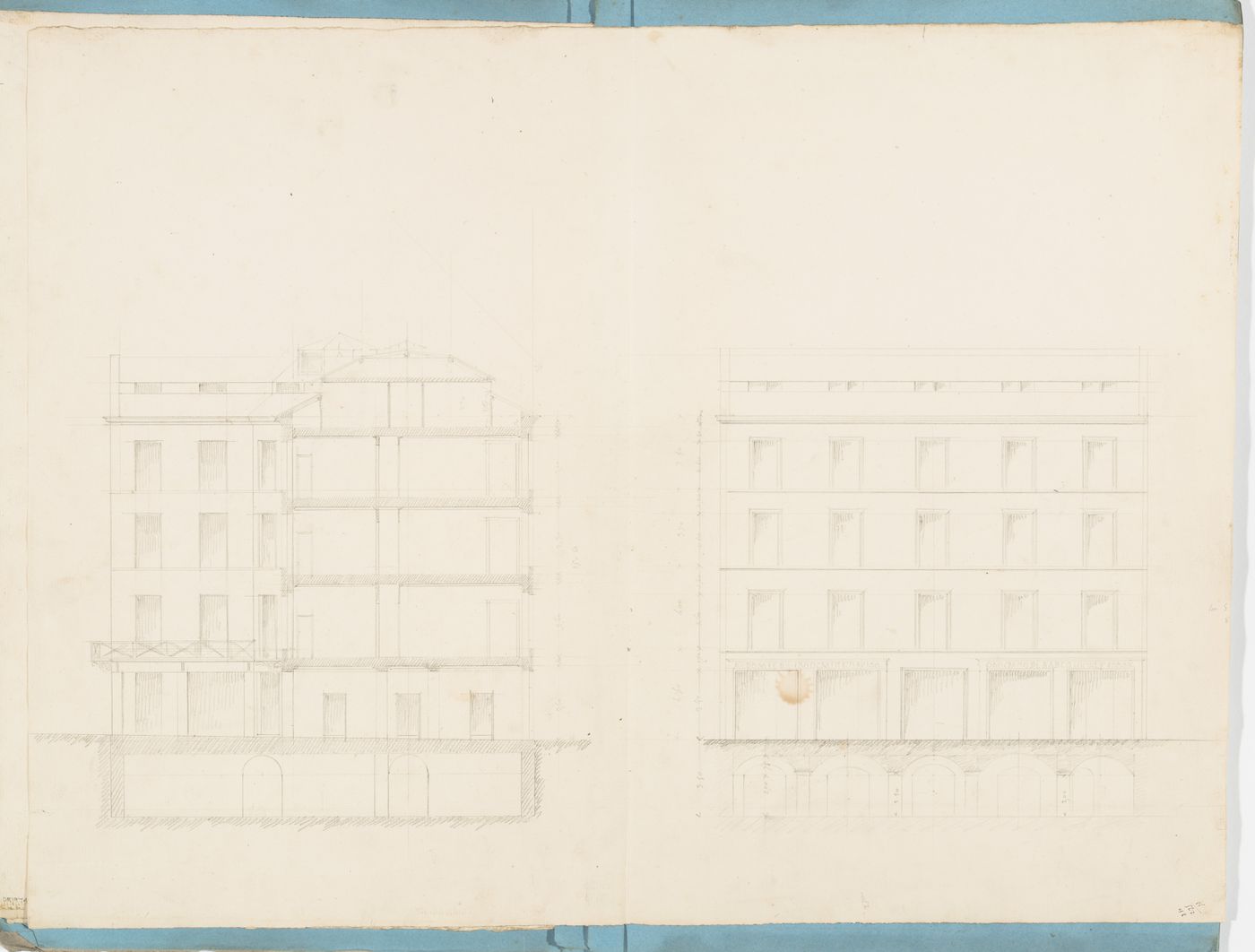 Project for a hôtel for M. Busche: Sectional elevations for a four-storey hôtel with a garden