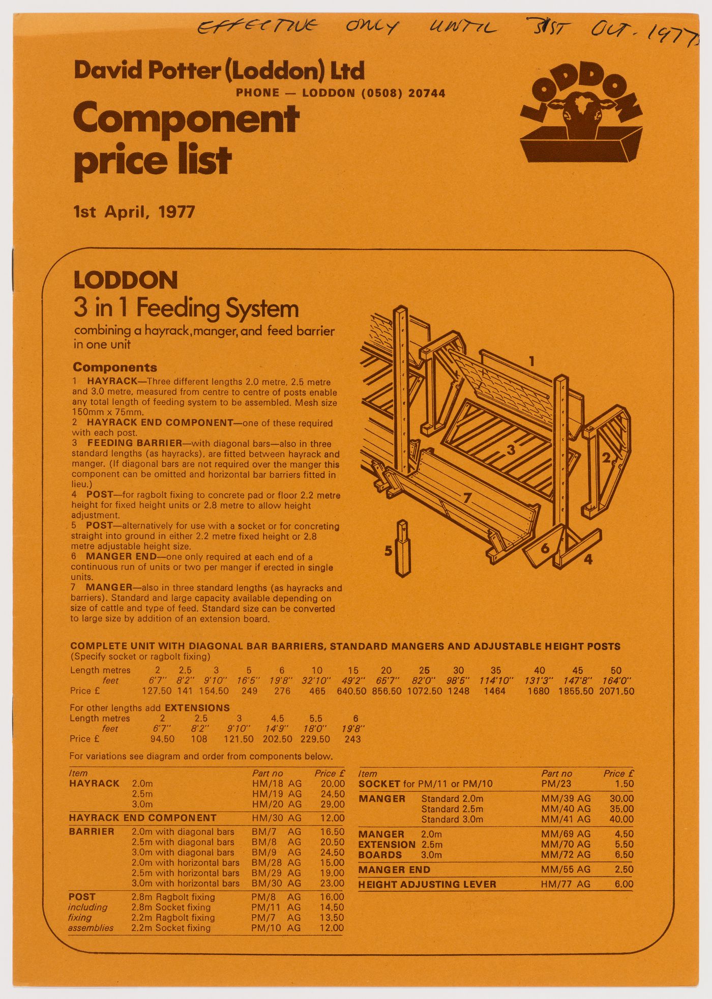 Component price list issued by David Potter (Loddon) Ltd., from the project file "Westpen"
