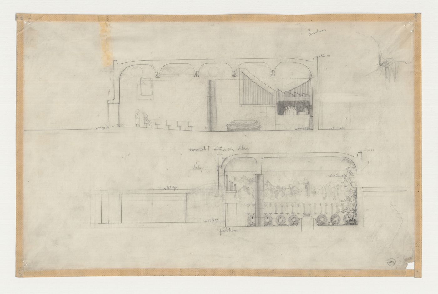 Sections for the Chapel of the Holy Cross showing a mural, Woodland Crematorium, Woodland Cemetery, Stockholm, Sweden
