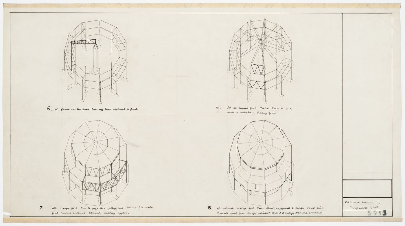 Stages 5 through 8 of the erection process for a portable cinema for Circlorama Theatres Limited