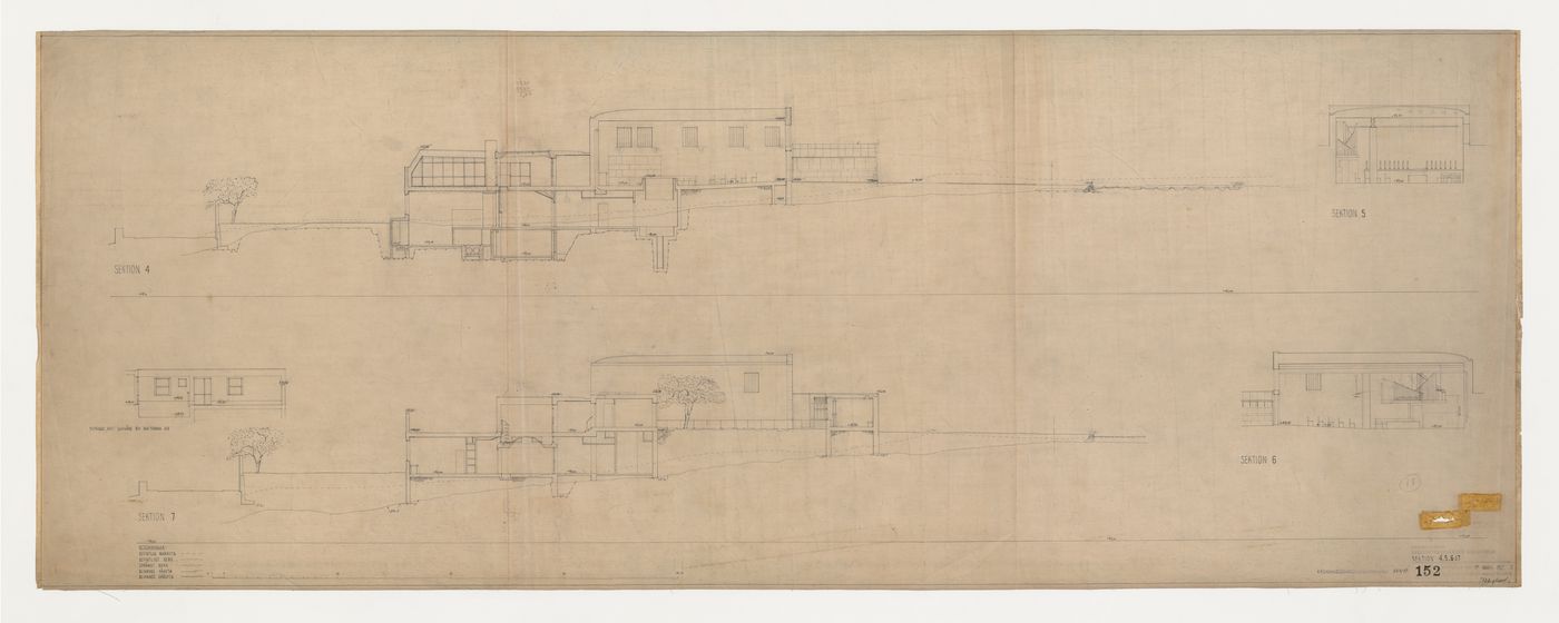 Sections 4 to 7 for the Chapel of Hope and a south elevation for the terrace, Woodland Crematorium, Woodland Cemetery, Stockholm, Sweden