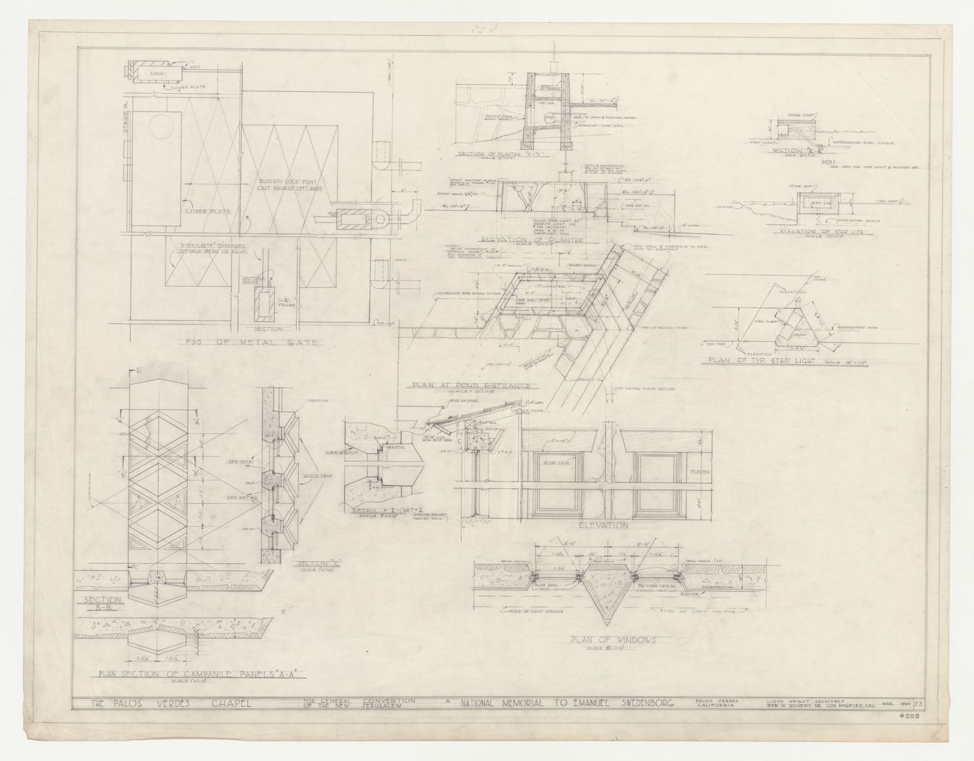 Wayfarers' Chapel, Palos Verdes, California: Plans, elevations and sections for vestry and campanile details, including campanile panels, windows, step light, metal gate and planter at pond entrance