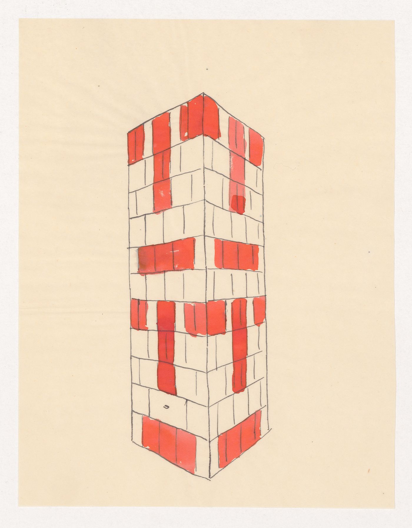 Perspective sketch for a tiled stove decorated with a red geometric pattern
