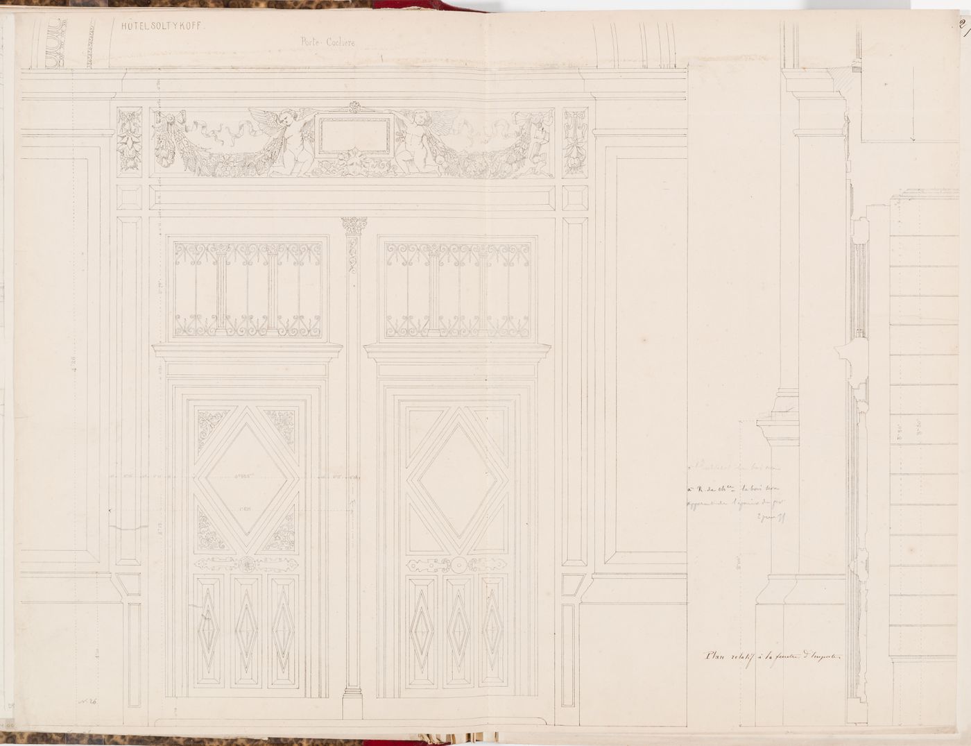Elevation and wall section for the porte cochere entrance doors, Hôtel Soltykoff