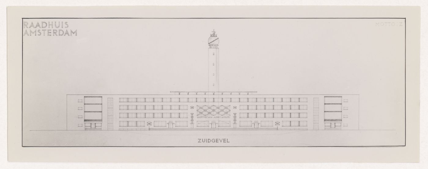 Photograph of a principal elevation for J.J.P. Oud's competition entry for Amsterdam City Hall, Netherlands