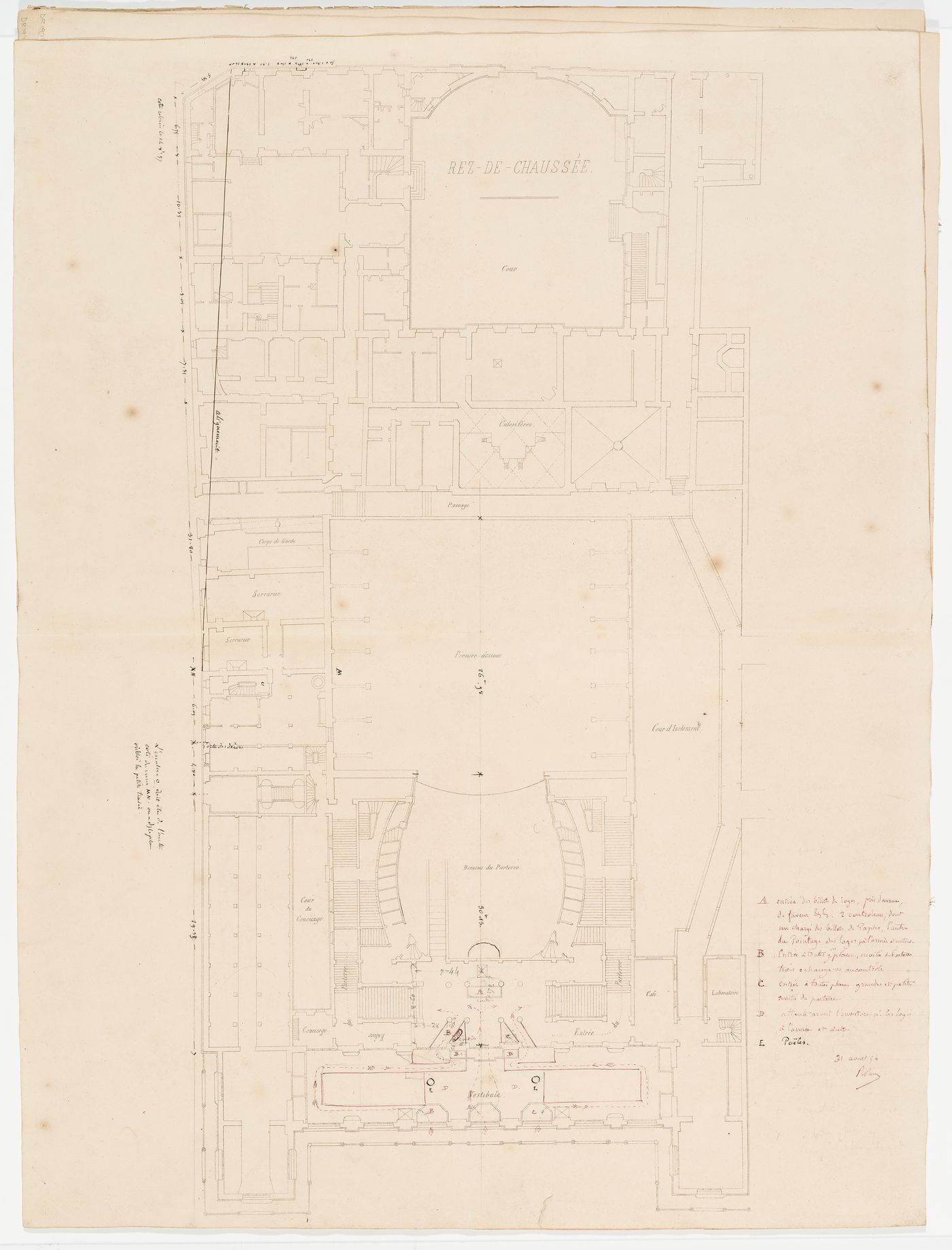 Ground floor plan of Salle Le Peletier with additions for alterations