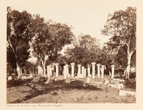 View of columns, near the Ruwanweli Seya (also known as Rumwanweli Dagoba and Rumanweli Maha Seya), Anuradhapura, Ceylon (now Sri Lanka)