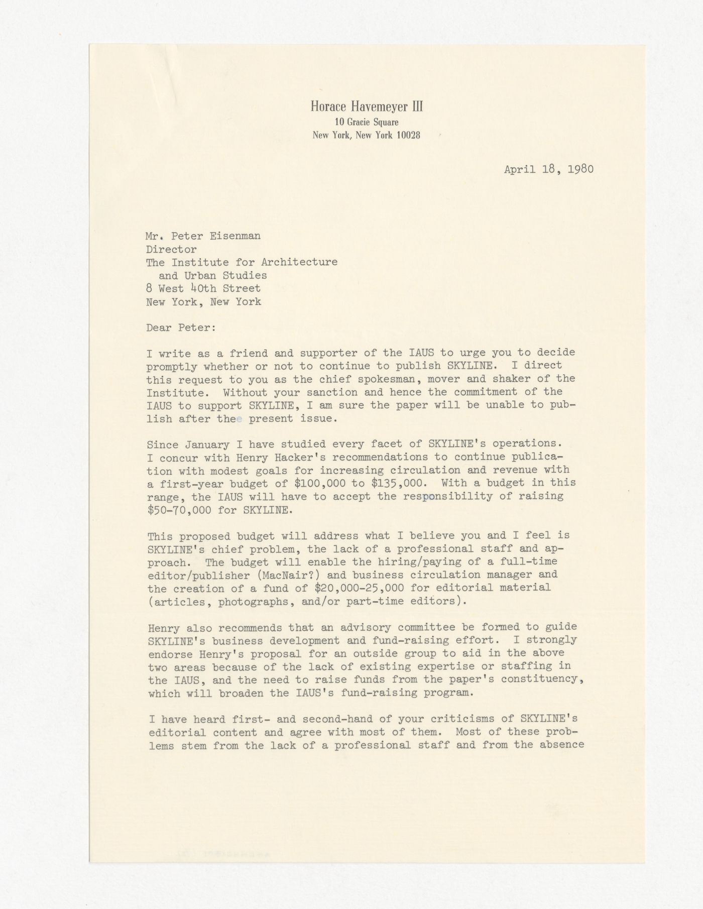 Letter from Horace Havemeyer III to Peter D. Eisenman about continuing publication of Skyline
