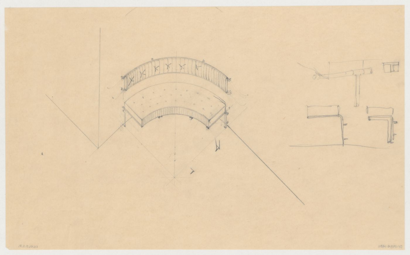 Axonometric and details for a built-in hall bench for Villa Allegonda, Katwijk aan Zee, Netherlands