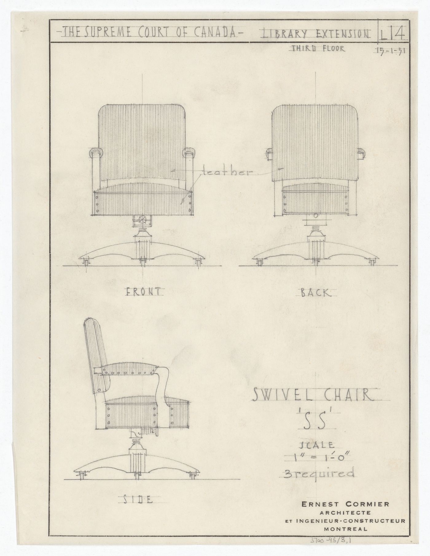 Élévations de la chaise "SS" pour Cour suprême du Canada, Ottawa, Ontario