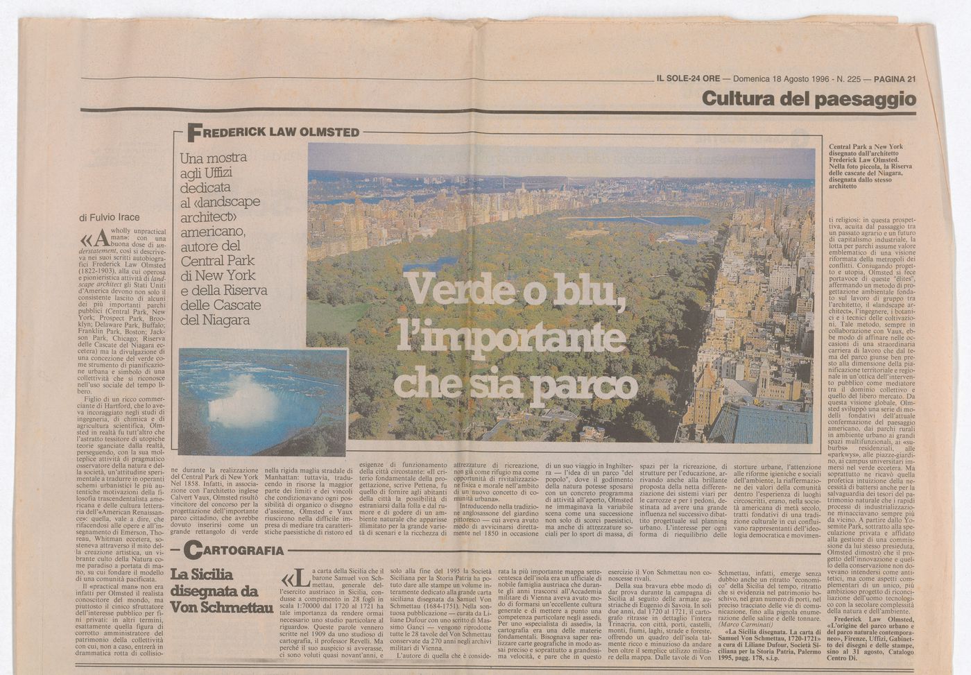 Newspaper clipping of review by Fulvio Irace for exhibition Olmsted: L'origine del parco urbano e del parco naturale contemporaneo"