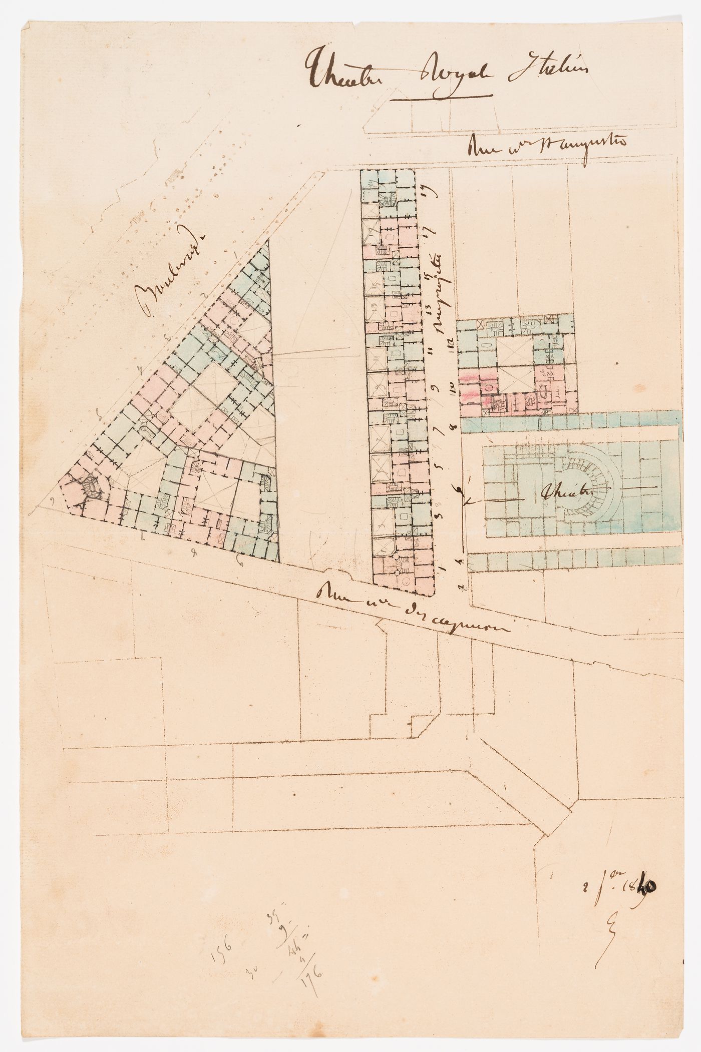 Site plan for an opera house and surrounding infrastructure for the Théâtre Royal Italien on the Ministère des Affaires Étrangères and the Hôtel du Timbre site