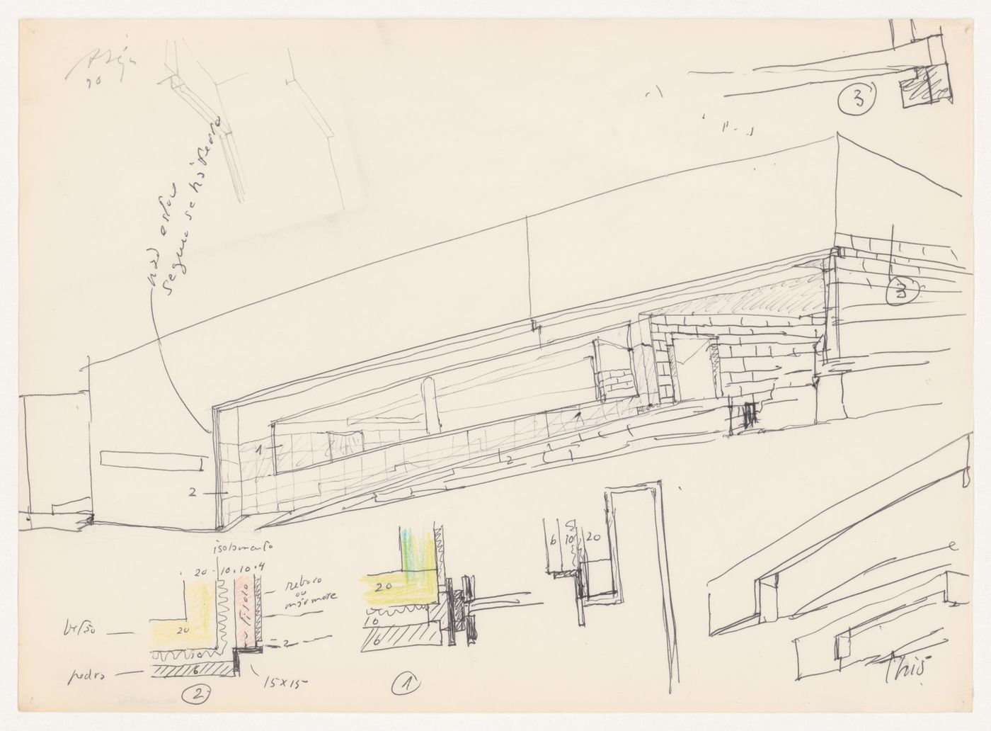 Sketch and details for Centro Galego de Arte Contemporânea [Galician Centre of Contemporary Art], Santiago de Compostela, Spain