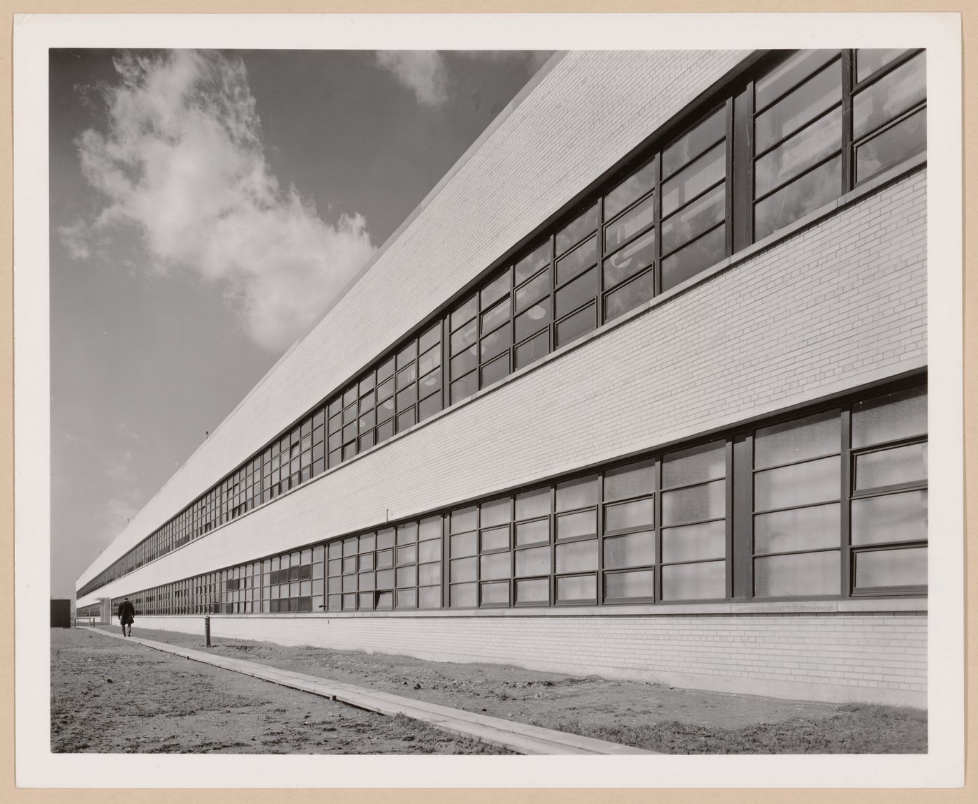 View of the principal façade of the Administration Building and new Assembly Building, Curtiss-Wright Corporation Airplane division Assembly Plant, Columbus, Ohio