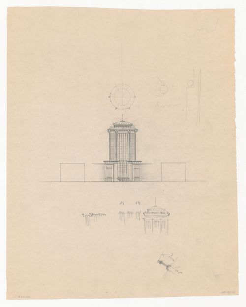 Elevation, partial sketch elevation, roof plan, and exterior ornament details for Industriegebouw Plan B for the reconstruction of the Hofplein (city centre), Rotterdam, Netherlands