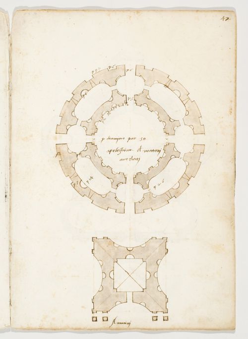 Plan of the so-called Temple of Pompeius in Palestrina, Lazio ; bottom: Plan of a tomb in Marino, Lazio