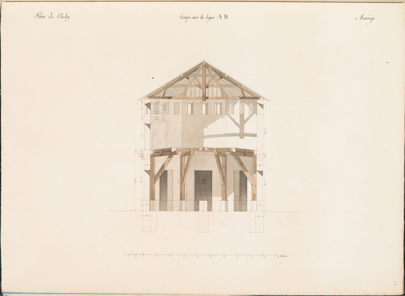 Section through the octagonal tower for a manège, Parc de Clichy