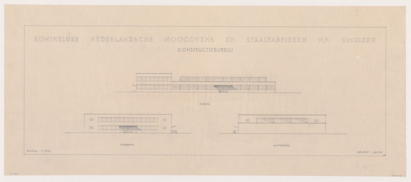 Elevations for the principal, lateral and rear façades for a construction administration building for the Dutch Steelworks Headquarters, IJmuiden, Netherlands