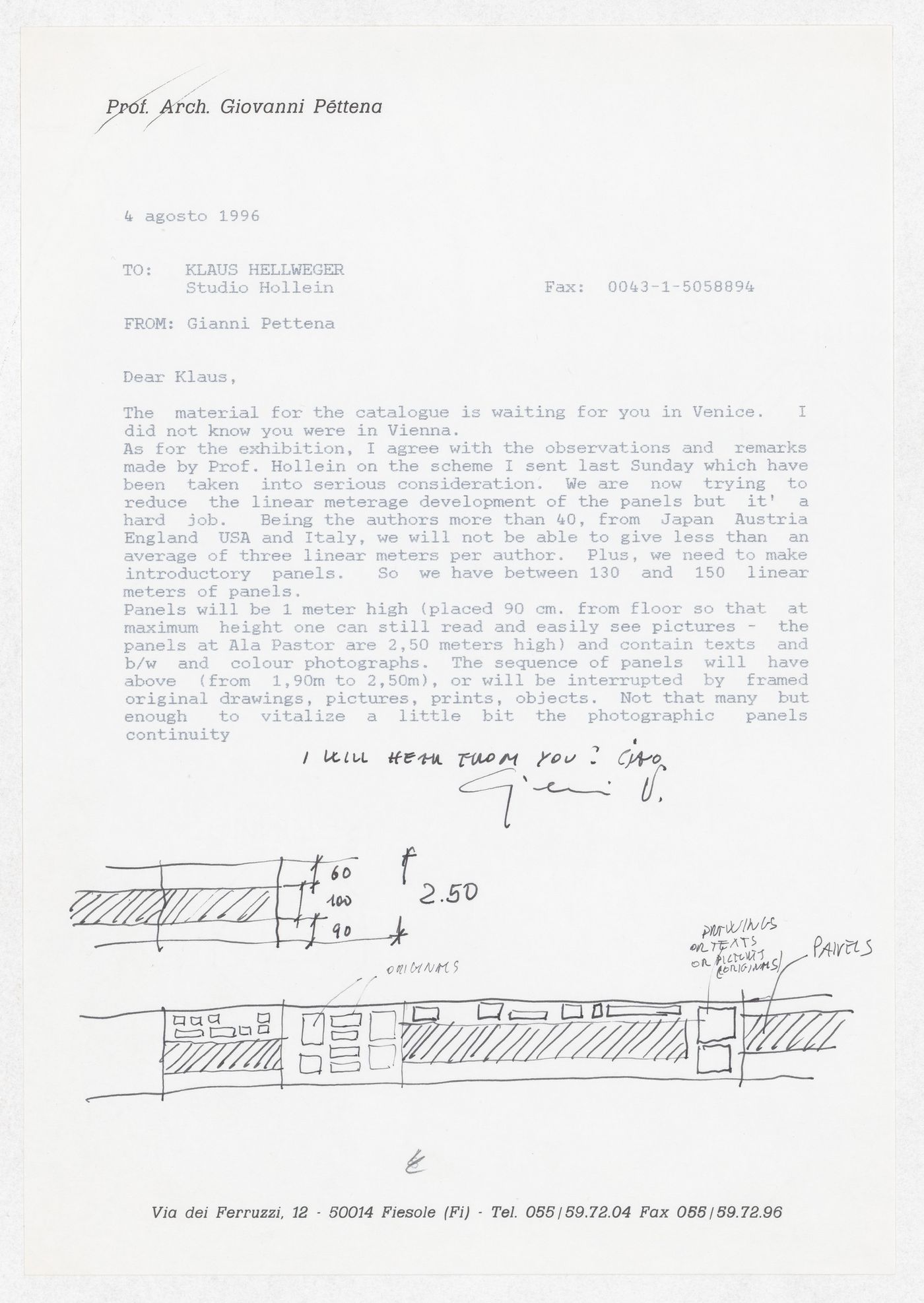 Correspondence to Klaus Hellweger of Studio Hollein regarding the exhibition Radicals. Architecttura e Design 1960-1975
