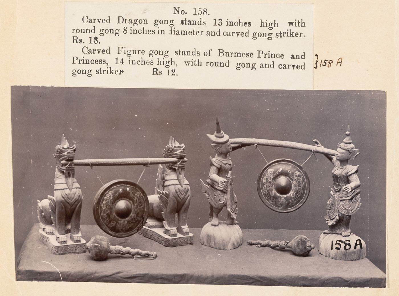 View of gongs, F. Beato Limited, C Road, Mandalay, Burma (now Myanmar)