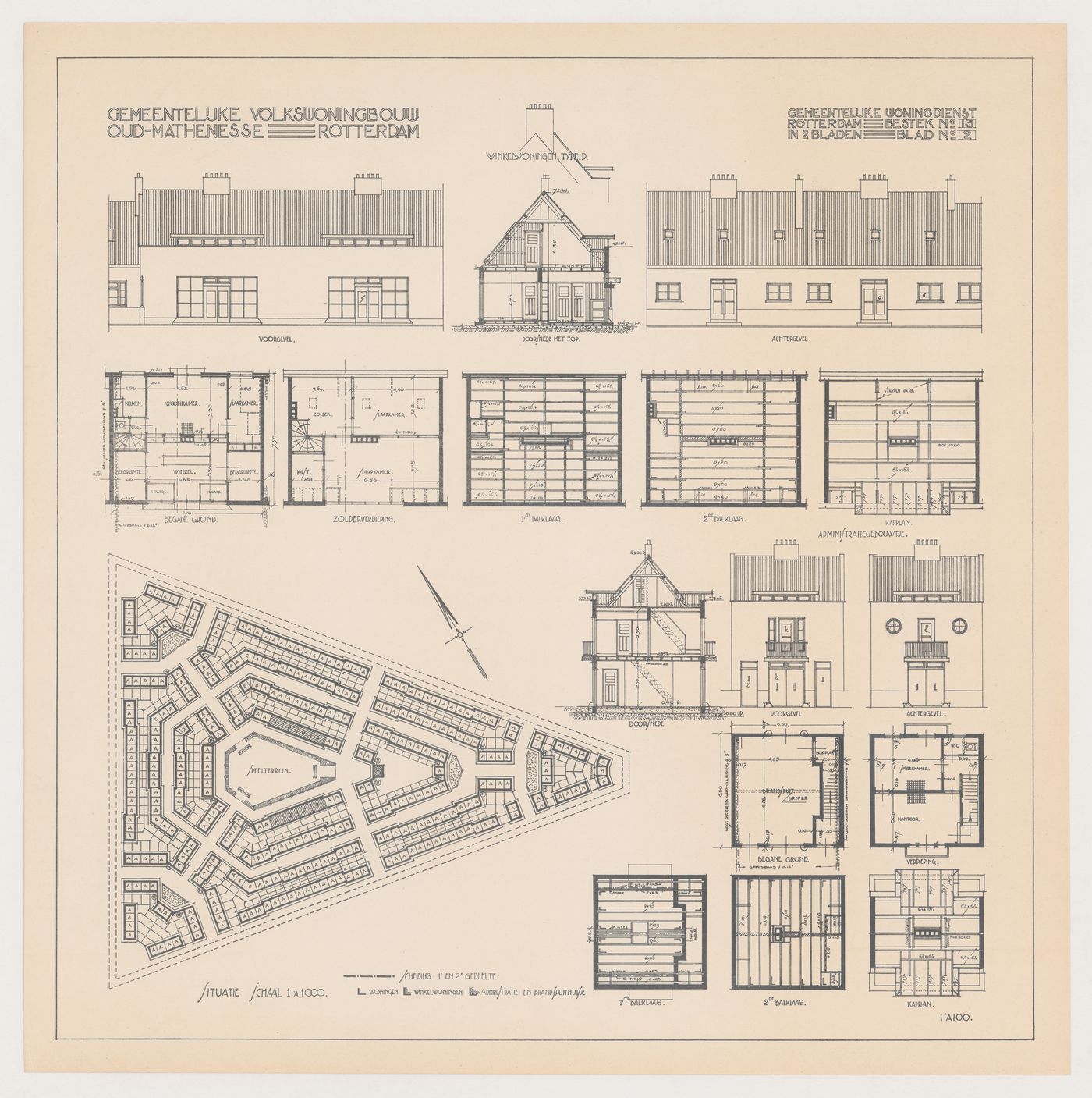 Site plan, floor, roof and framing plans, sections, and elevations for Oud-Mathenesse Housing Estate, Rotterdam, Netherlands