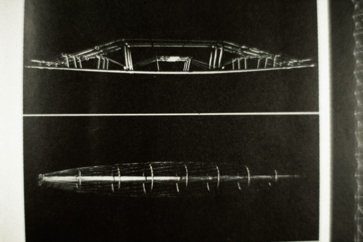 Slide with view of prototypes of spatial structures, by Robert Le Ricolais