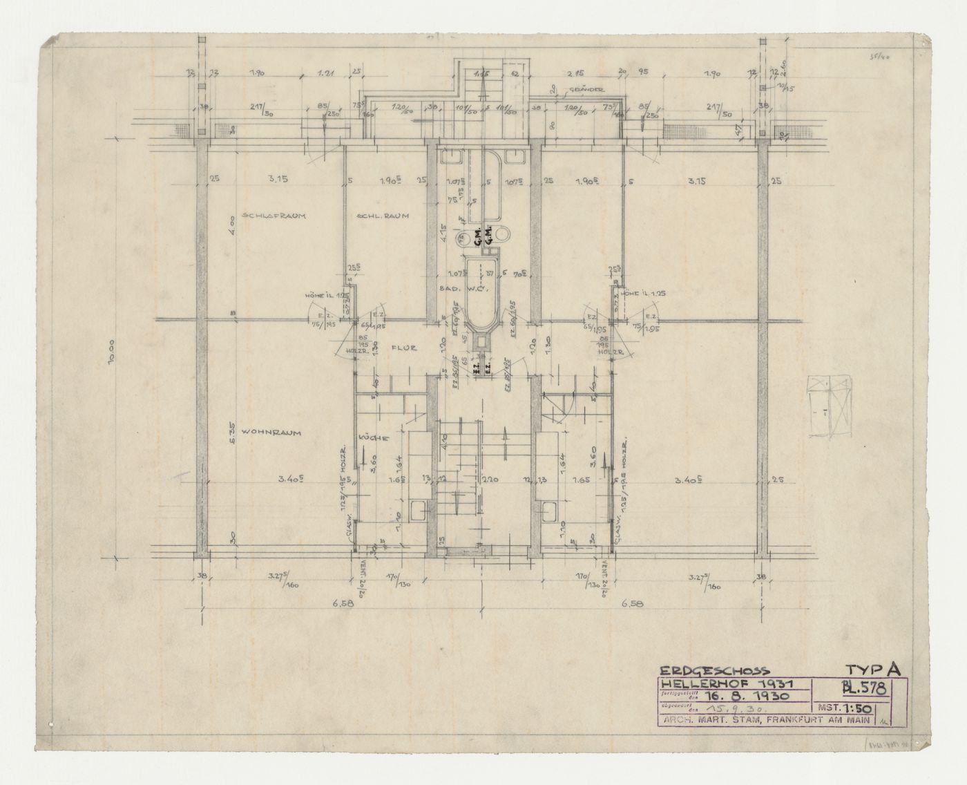 Ground floor plan for type A housing units, Hellerhof Housing Estate, Frankfurt am Main, Germany