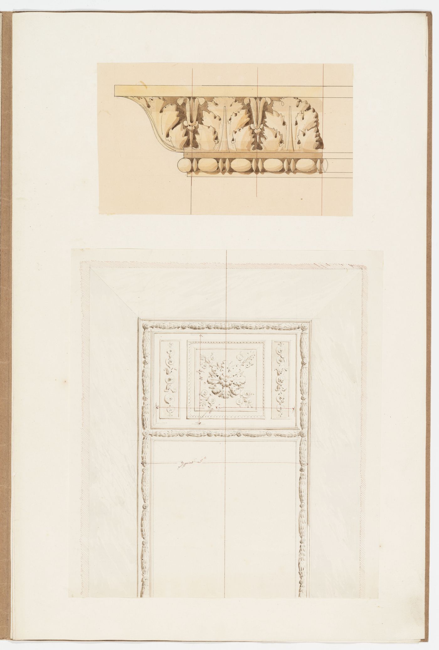 Detail for anthemion and bead and reel molding; Elevation for moldings, possibly a door surround