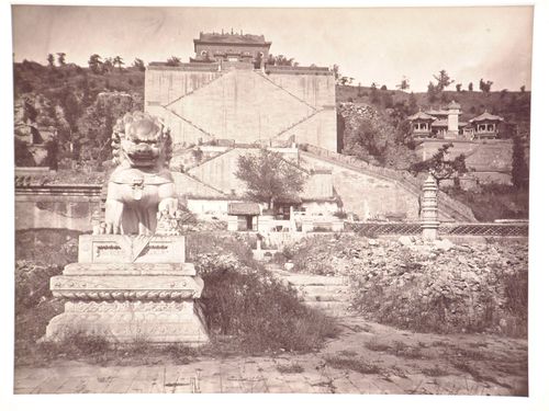 View of the Temple of the Sea of Wisdom [Zhihui Hai] and the Revolving Archive [Zhuanlun Cang], with a statue of a lion in the left foreground, Garden of the Clear Ripples [Qing Yi Yuan] (now the Summer Palace or Yihe Yuan), Peking (now Beijing), China