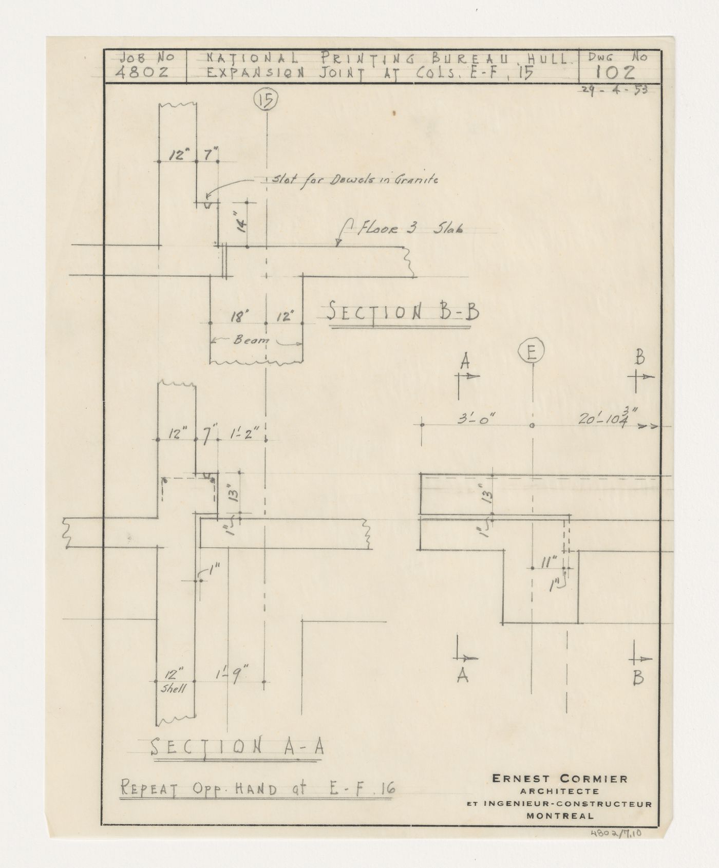 Coupes de joints de dilatation pour colonnes, Imprimerie Nationale du Canada, Hull, Québec, Canada