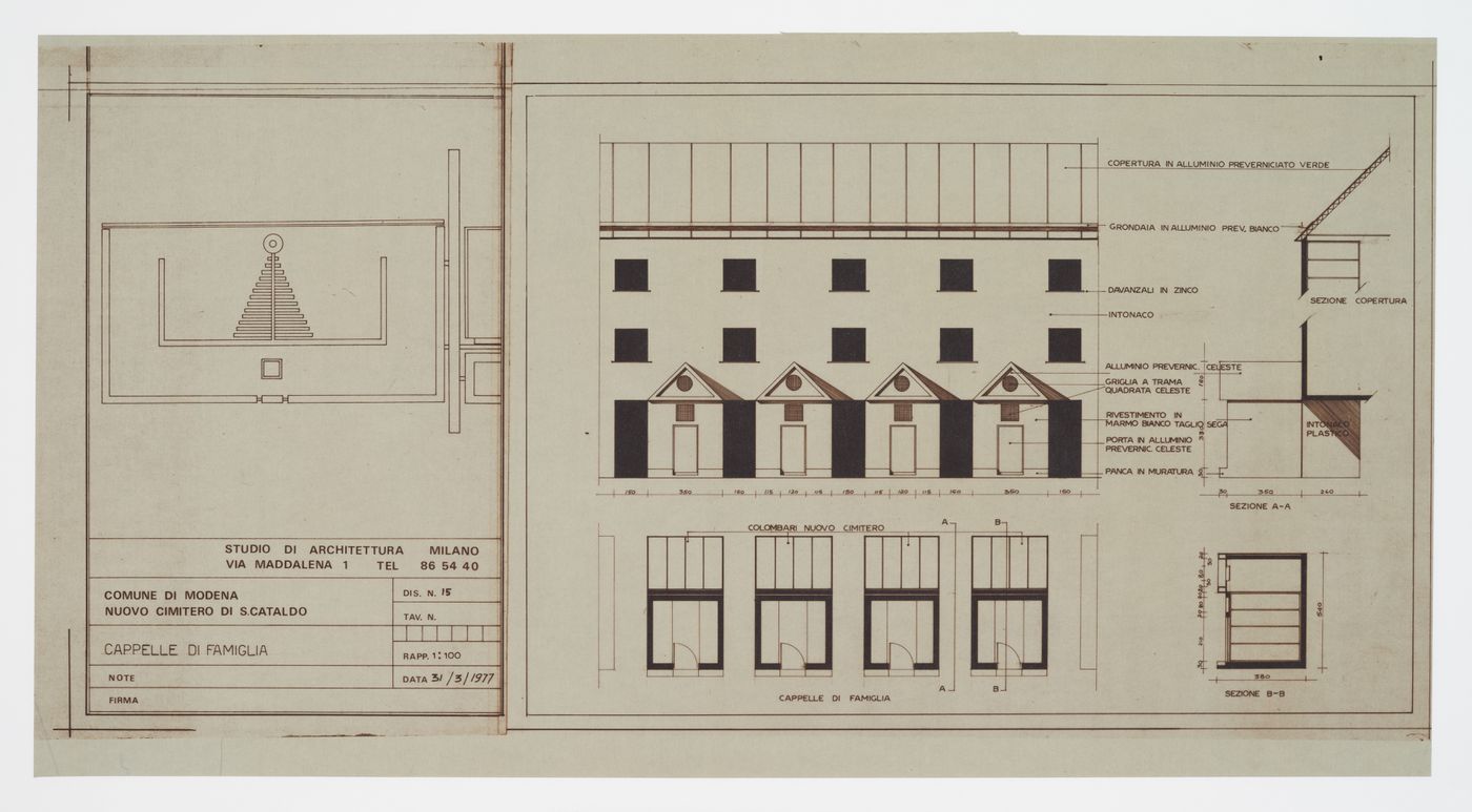 Elevation, plan, and sections of family chapels, Nuovo cimitero San Cataldo, Modena, Italy