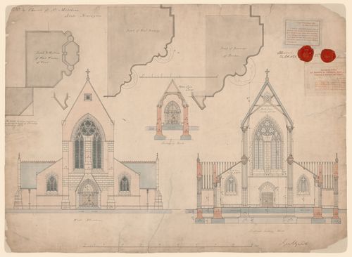 Contract drawing of the West elevation, a cross section, section of porch and moulding details for the Church of St. Matthias, Stoke Newington, London