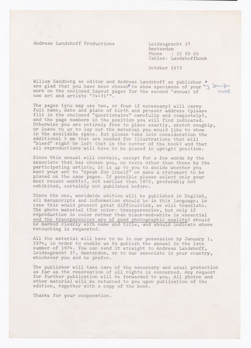 Letter from Andreas Landshoff Productions to Gordon Matta-Clark