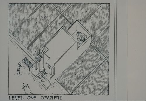 Axonometric view of house with first level completed for the Aranya Housing Project, Indore, India