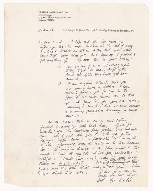 Letter from Leslie Martin to March for Whitehall: A Plan for a National and Government Centre, London, England