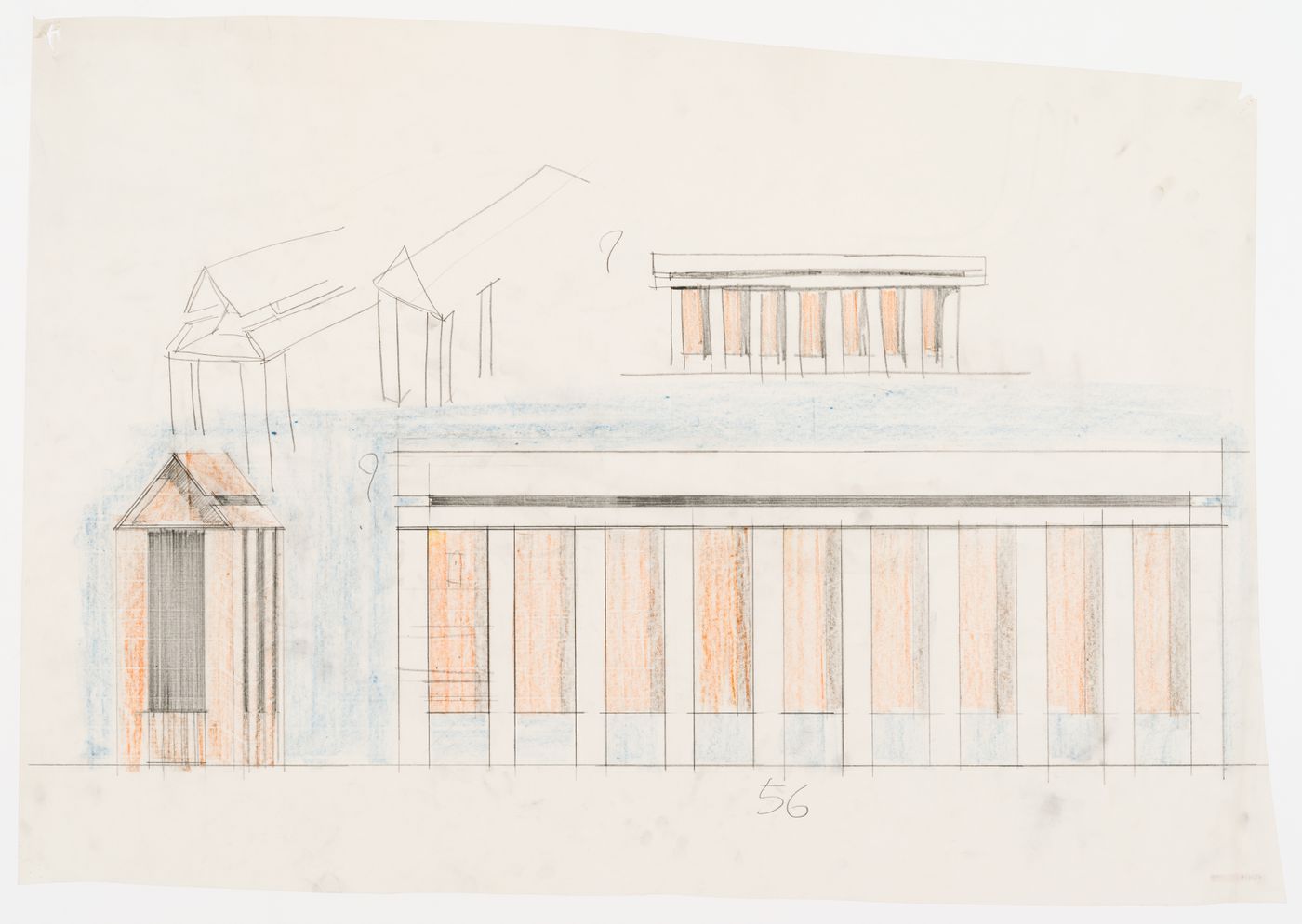 Competition project for a theatre and organization of the Pilotta area, Parma, Italy: elevations and perspective sketches for the portico